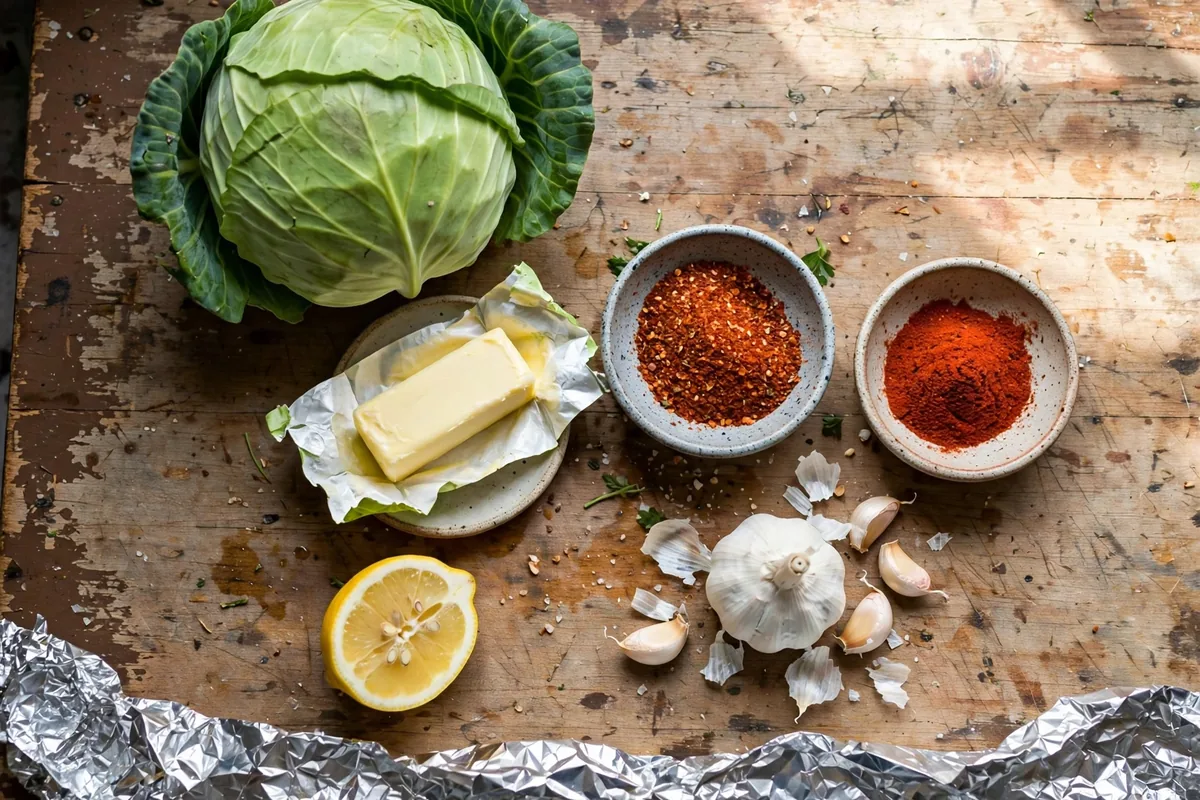 Ingredients for the viral cabbage boil: a whole green cabbage, butter, Cajun seasoning, smoked paprika, garlic, and lemon arranged on a kitchen counter
