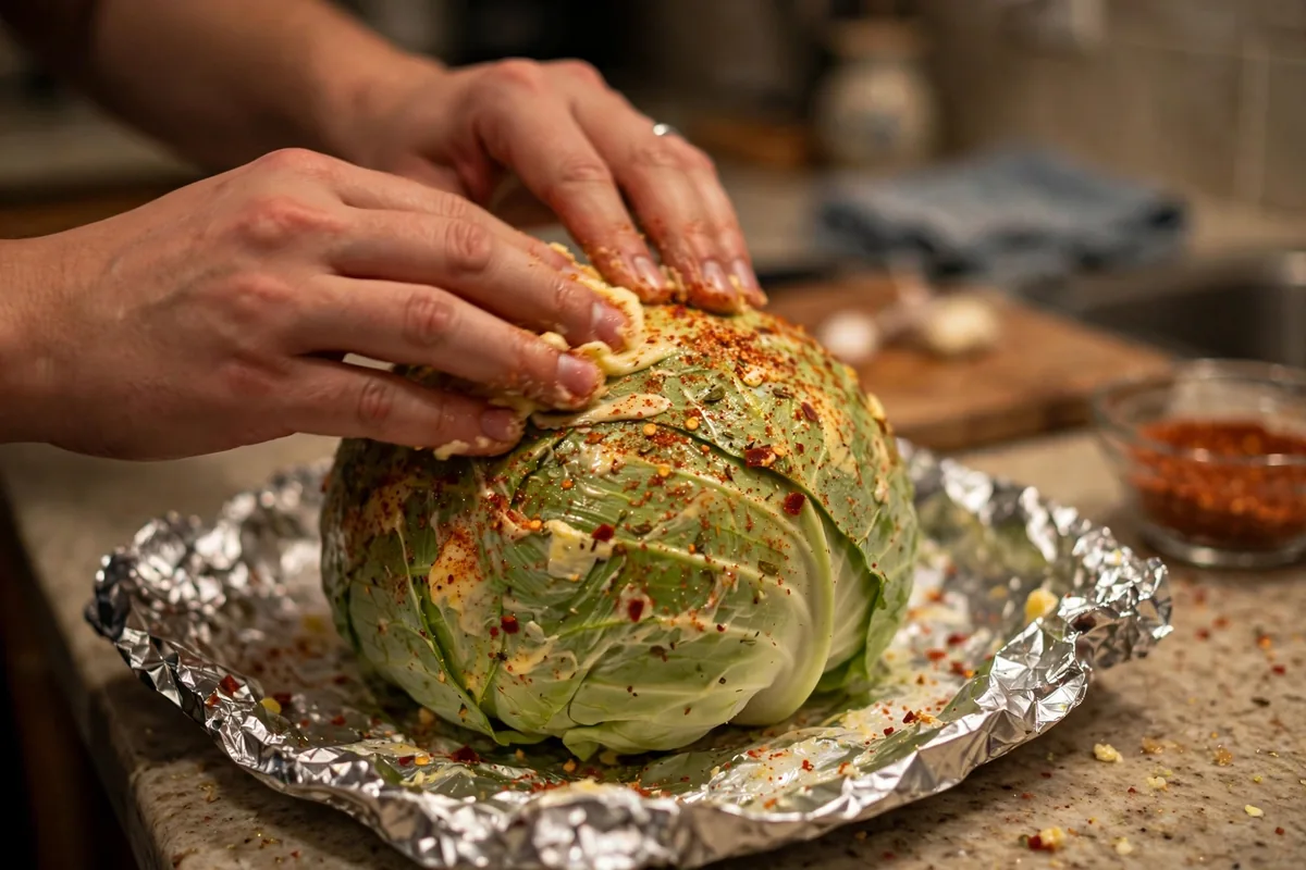 Seasoned whole cabbage wrapped tightly in aluminum foil, ready for the oven