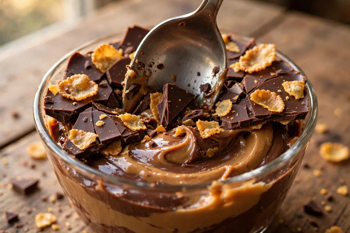 Close-up of a spoon cracking through the chocolate cornflake crunch into creamy pudding