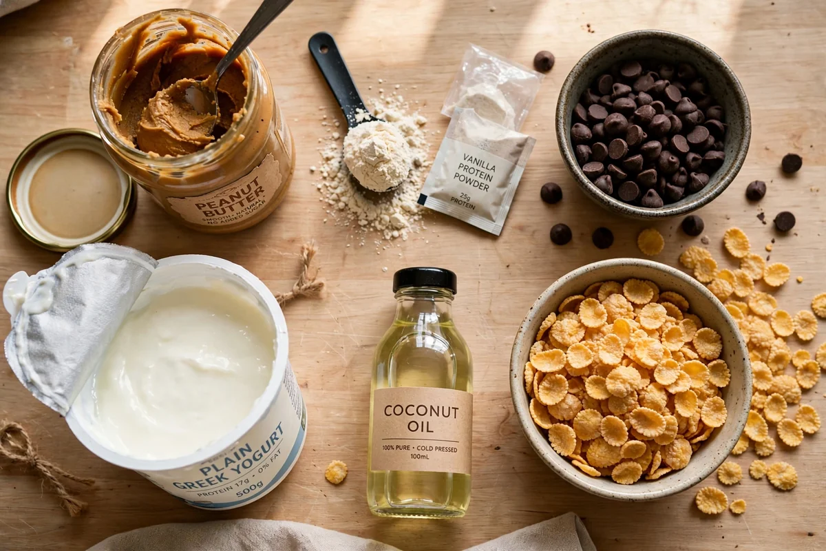 Flatlay of ingredients: Greek yogurt, peanut butter, protein powder, chocolate chips, cornflakes, coconut oil