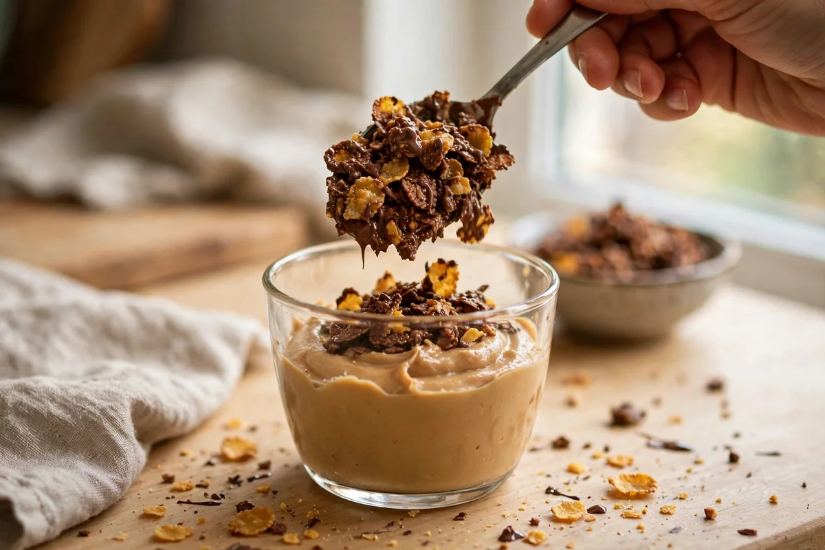 Hand spooning chocolate-coated cornflake crunch over a cup of peanut butter pudding