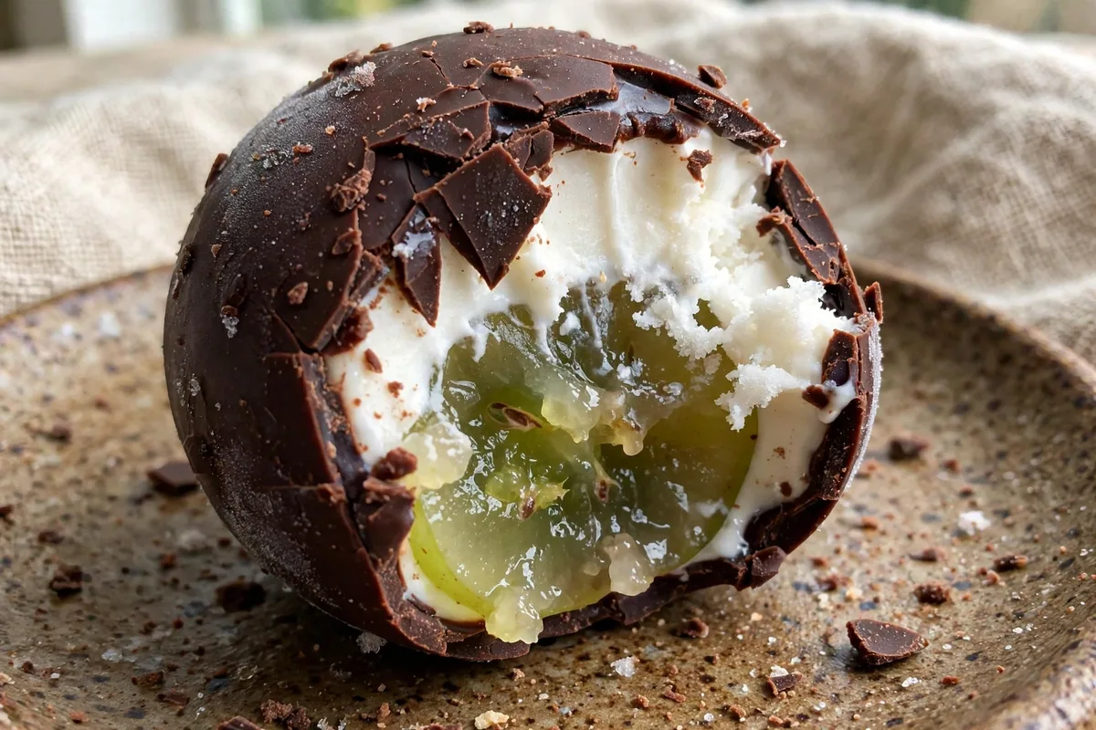 Close-up of a frozen chocolate yogurt grape with a bite taken out, showing the creamy yogurt layer and juicy grape center
