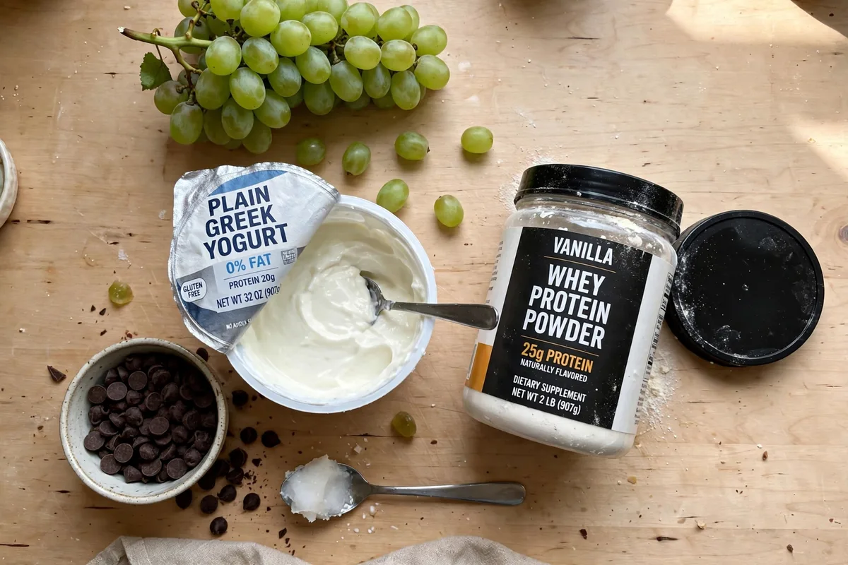 Ingredients for viral high-protein chocolate yogurt grapes: seedless grapes, Greek yogurt, vanilla protein powder, dark chocolate chips and coconut oil arranged on a kitchen counter