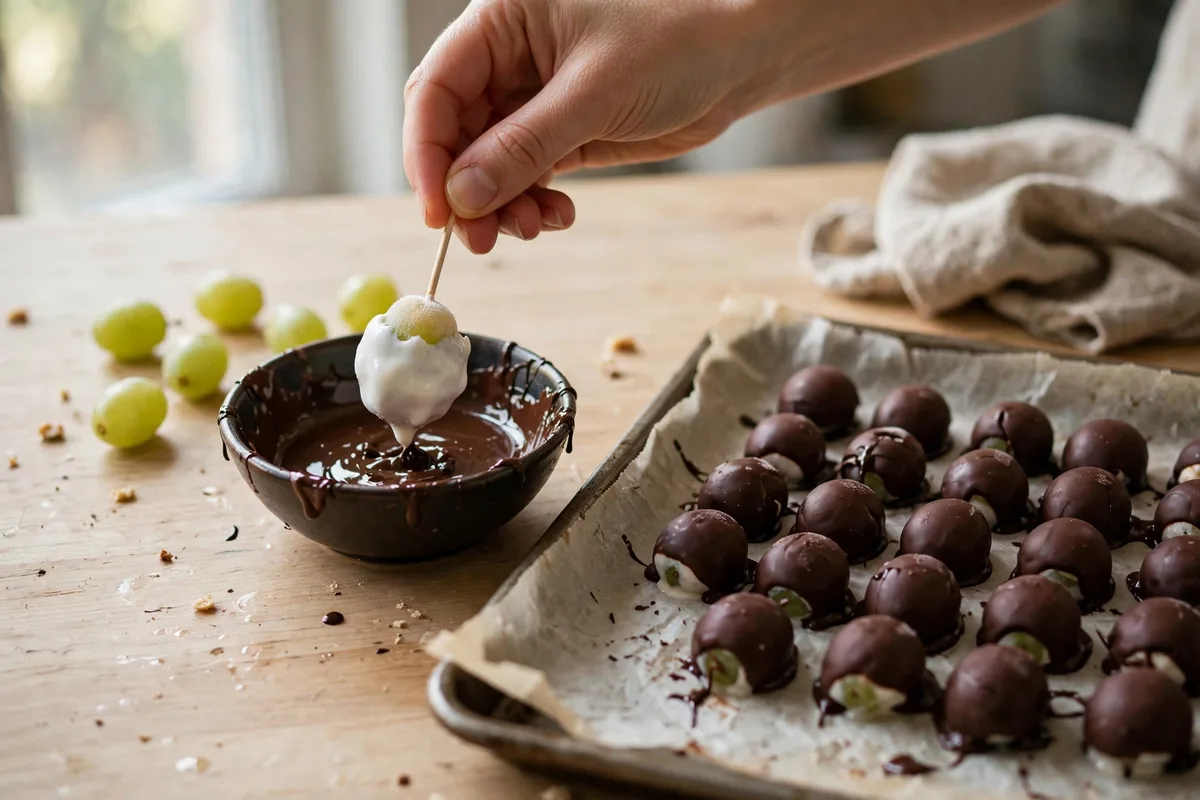 Hands dipping frozen yogurt-coated grapes into a bowl of melted dark chocolate with toothpicks, tray of dipped grapes on a parchment-lined baking sheet