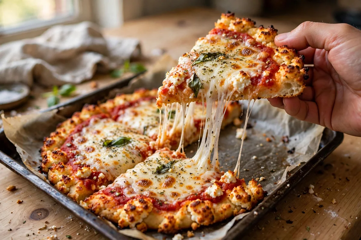 Close-up of a slice of viral cottage cheese pizza showing the golden crust and melted mozzarella