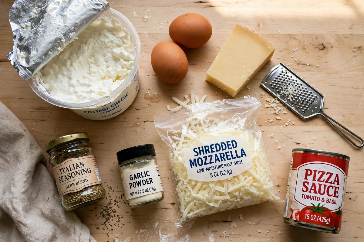 Ingredients for viral cottage cheese pizza: cottage cheese, eggs, Parmesan, Italian seasoning, pizza sauce, and mozzarella