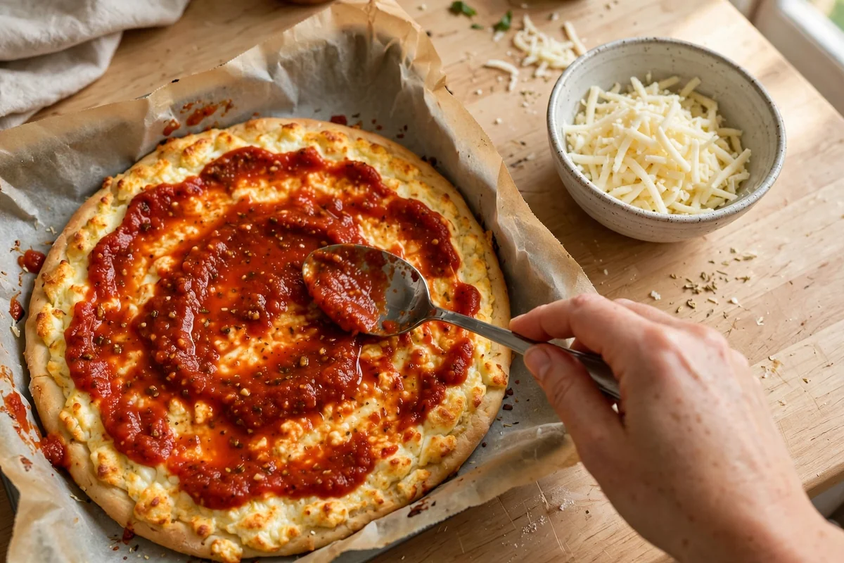 Baked cottage cheese pizza crust being topped with pizza sauce and mozzarella cheese
