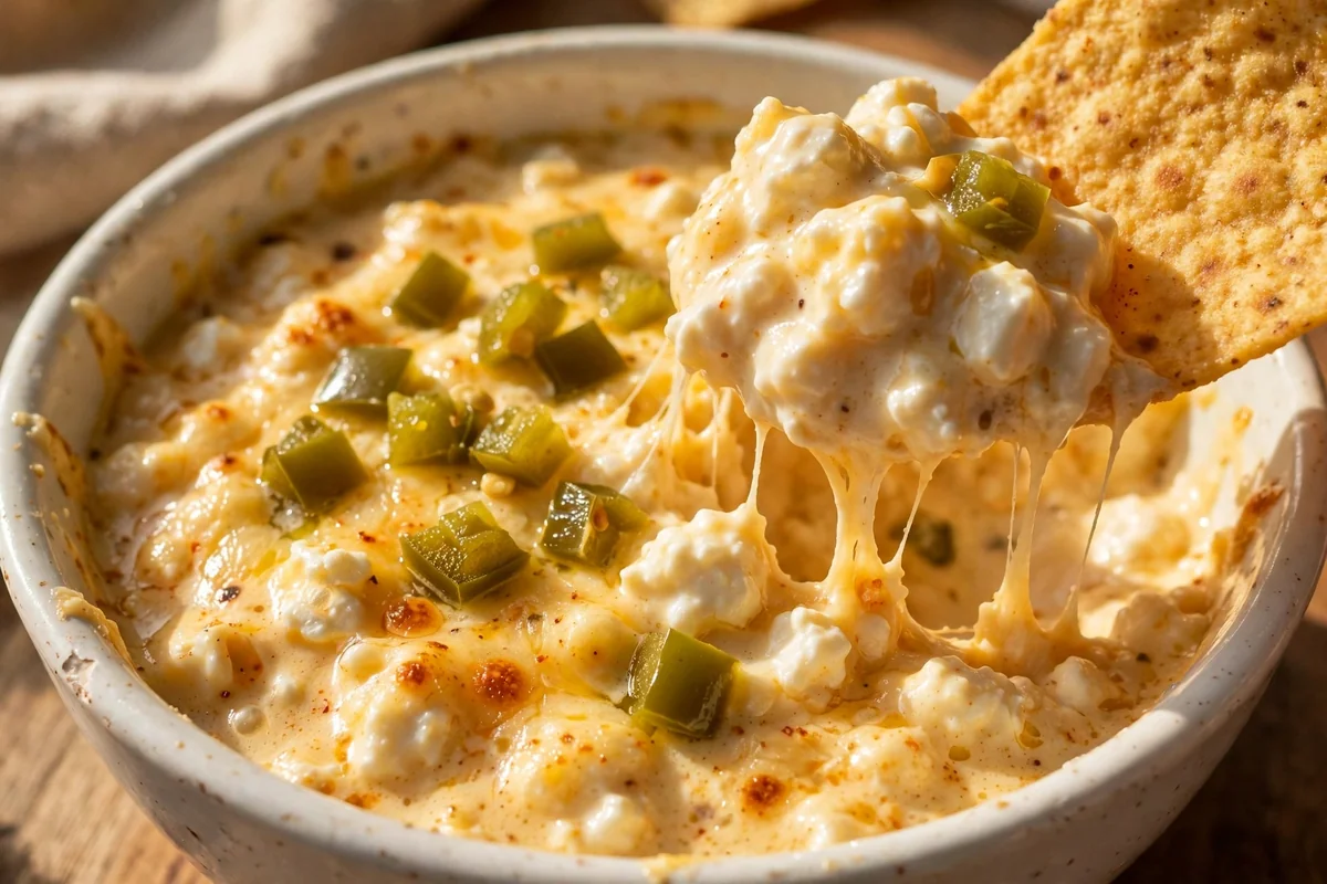 Close-up of creamy cottage cheese queso with melted cheese and jalapeño topping