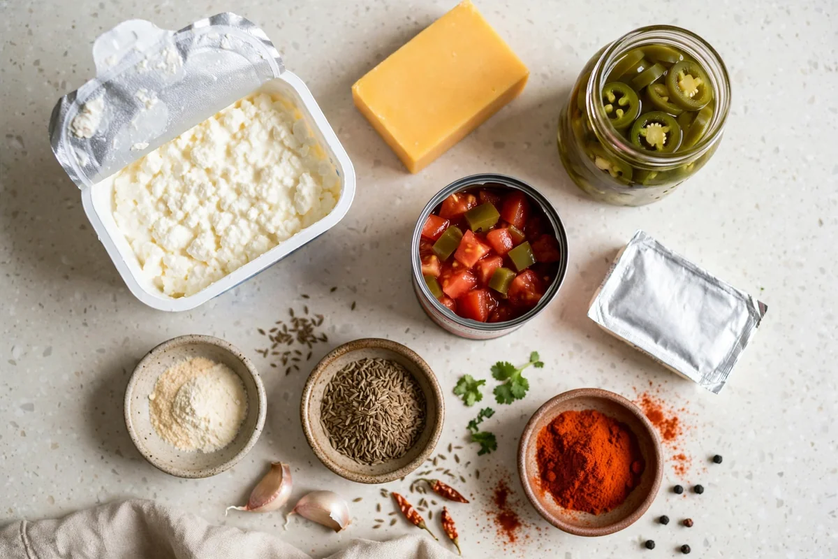Ingredients for viral cottage cheese queso laid out on a kitchen counter