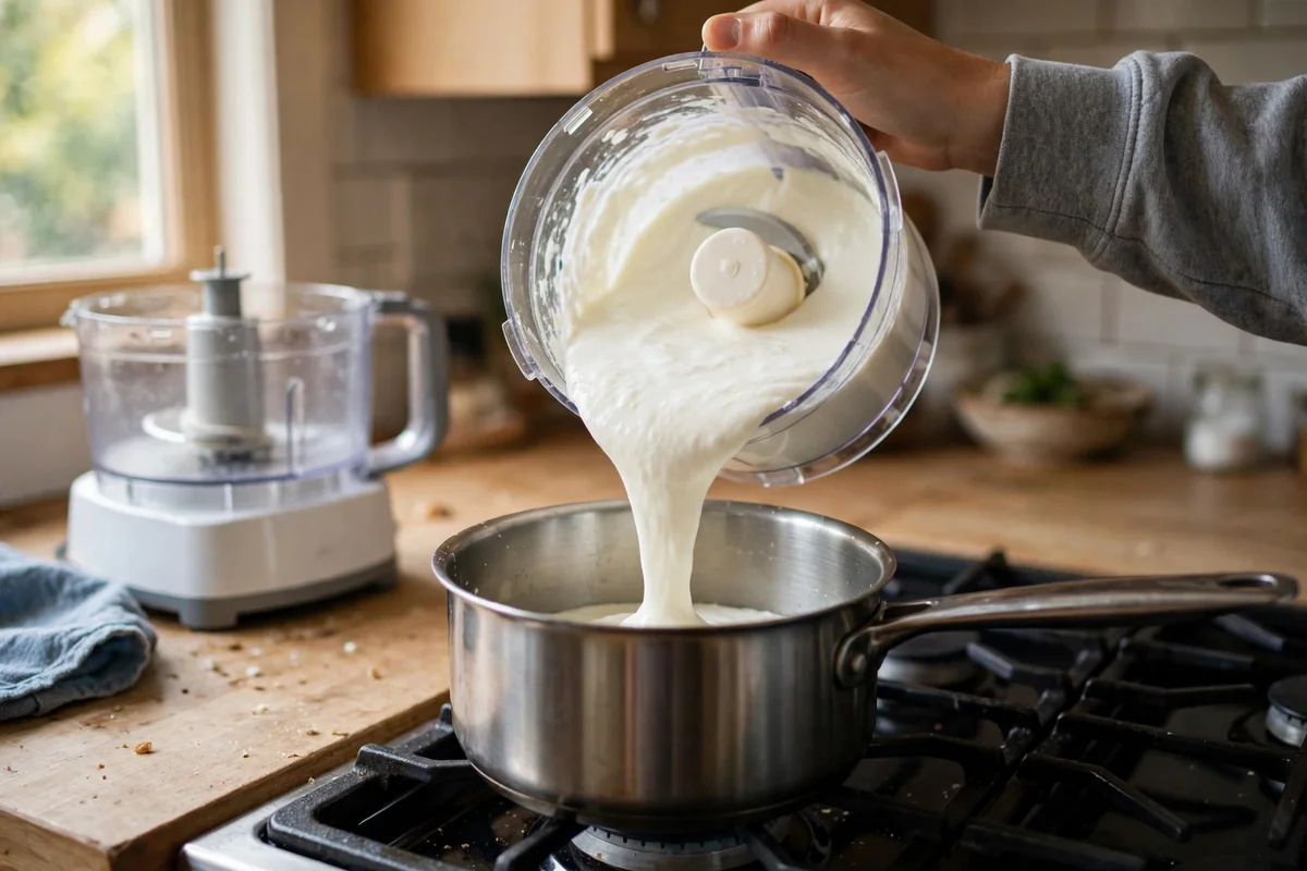 Blended cottage cheese queso warming in a saucepan on the stove