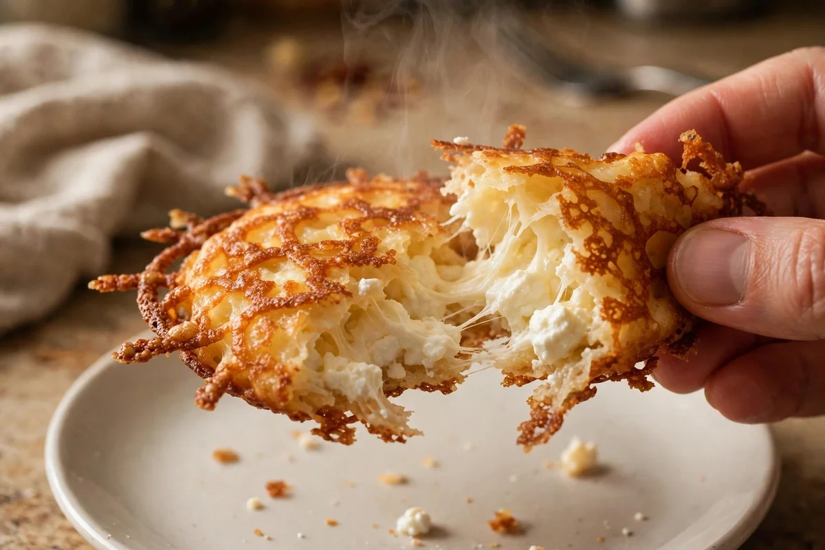 Close-up of a crispy cottage cheese chaffle broken open