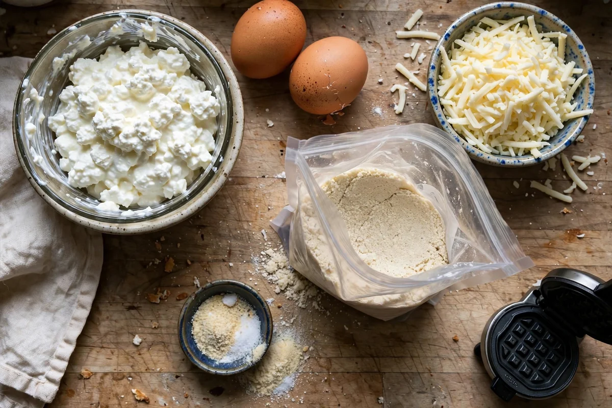 Ingredients for crispy cottage cheese chaffles laid out on a kitchen counter