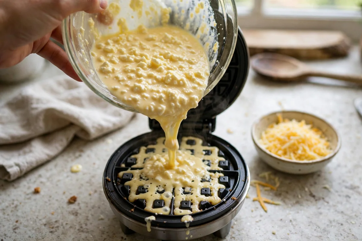Pouring chaffle batter into a hot mini waffle maker