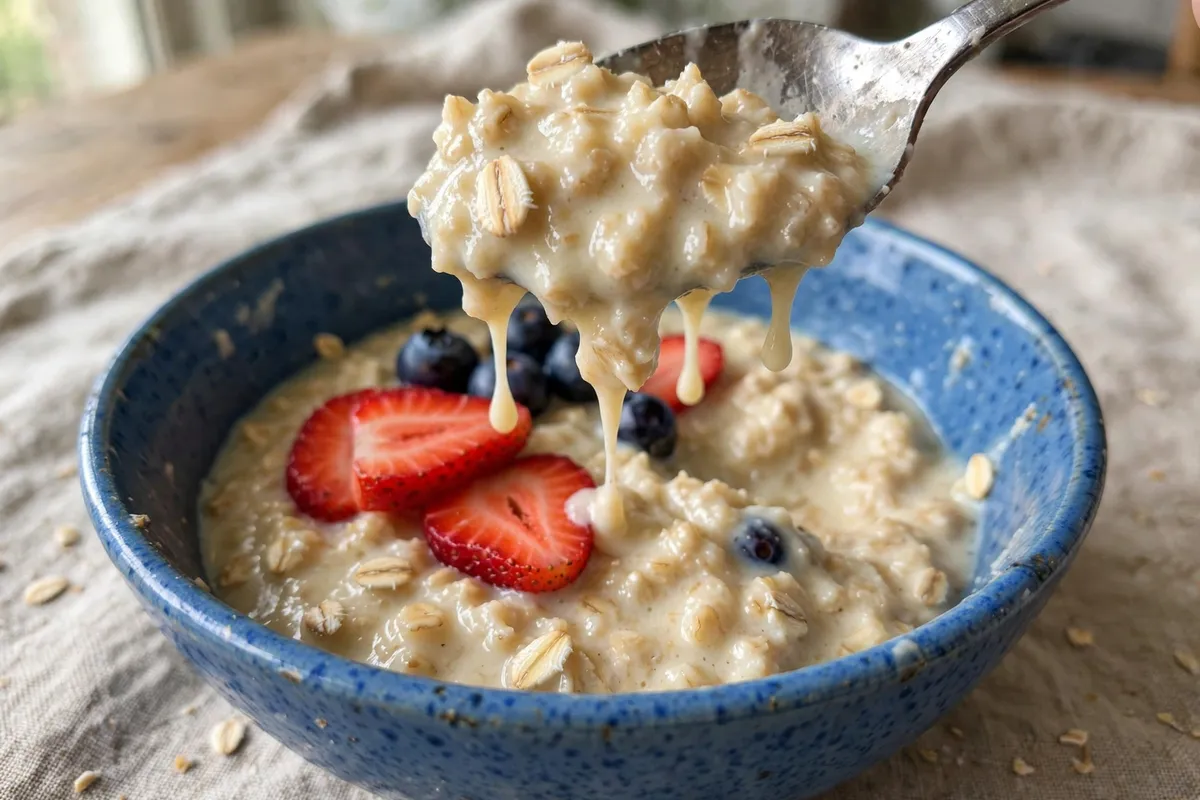 Close-up of a spoon lifting thick creamy custard oats from a bowl, topped with strawberries and blueberries