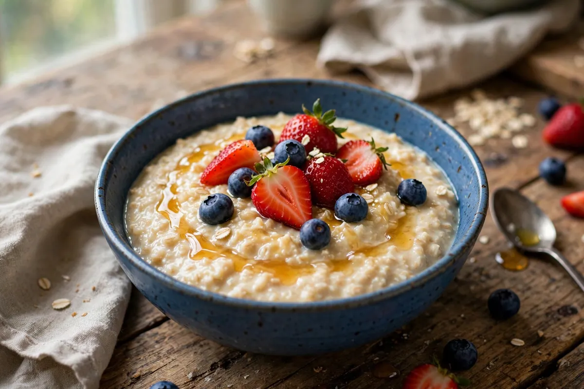 Viral custard oats in a blue ceramic bowl topped with fresh strawberries, blueberries and a drizzle of honey, on a rustic wooden table
