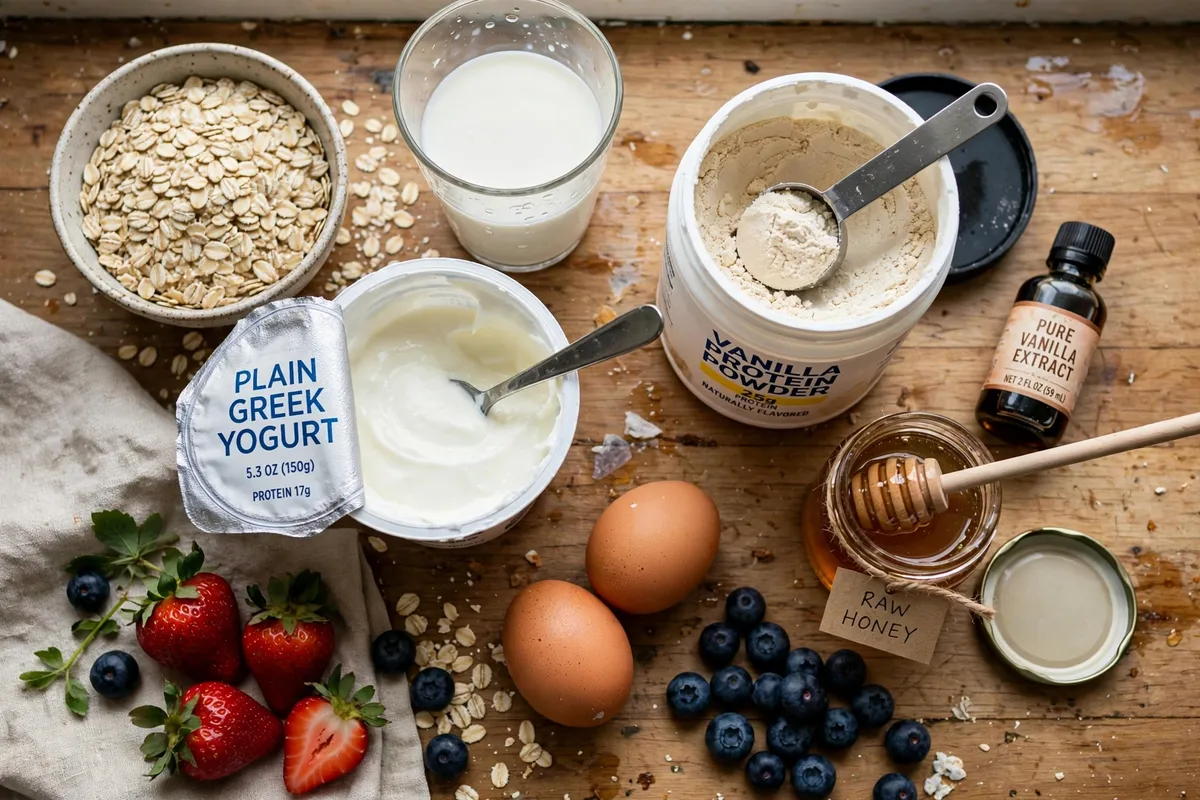 Ingredients for viral custard oats laid out on a kitchen counter: rolled oats, milk, Greek yogurt, vanilla protein powder, eggs, honey and fresh berries