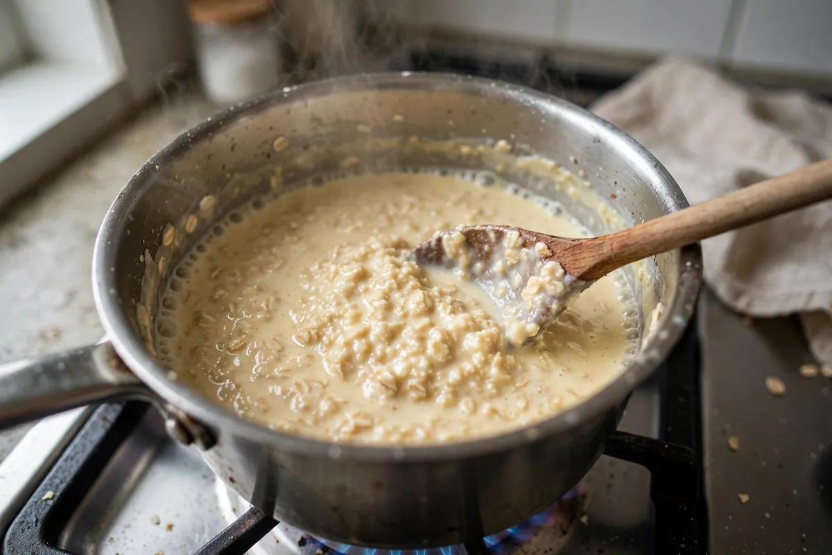 Custard oats thickening in a saucepan on the stovetop, being stirred with a wooden spoon, steam rising