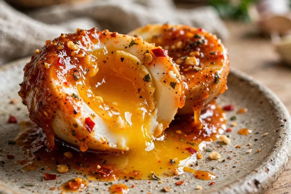 Close-up of a halved jammy egg boil egg glistening with Cajun garlic butter sauce