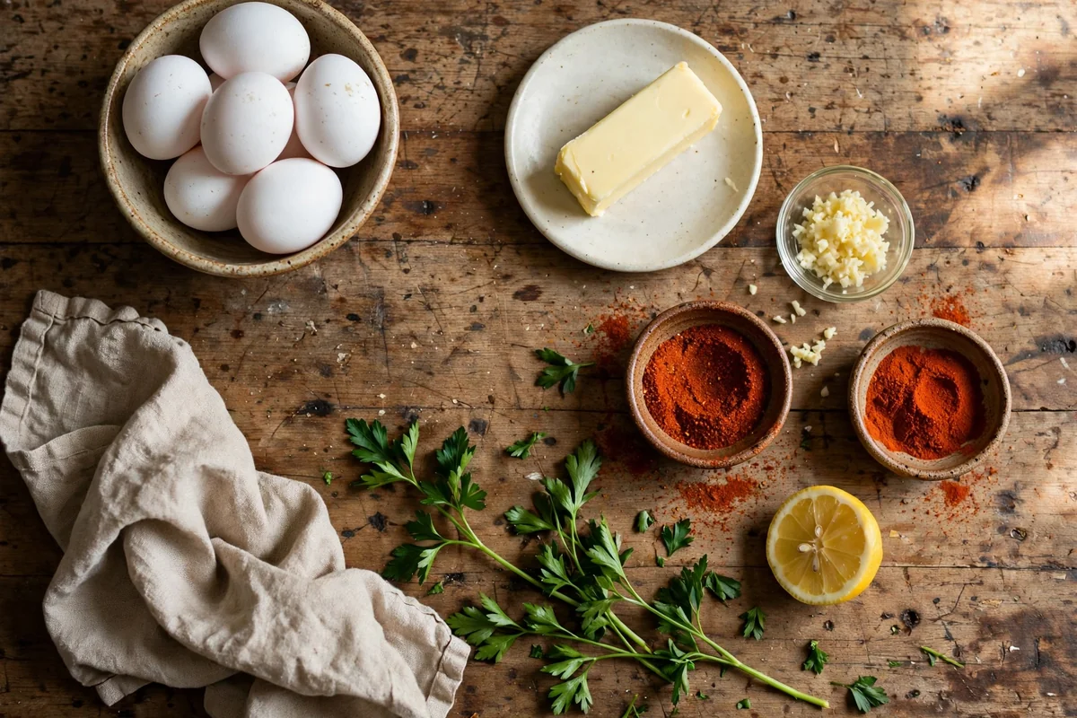 Ingredients for the viral egg boil: eggs, butter, garlic, Cajun seasoning, paprika, lemon, and parsley laid out on a kitchen counter