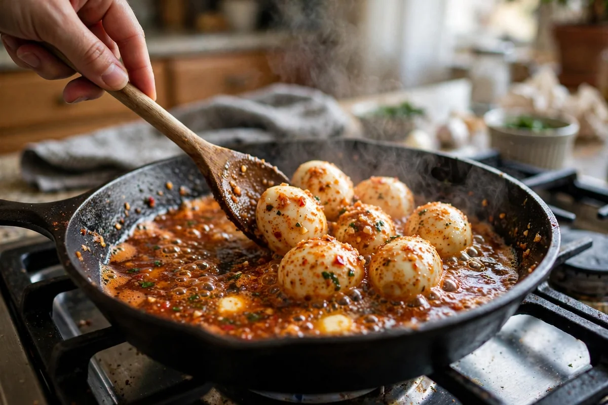 Peeled boiled eggs being tossed in the simmering Cajun garlic butter sauce in a skillet