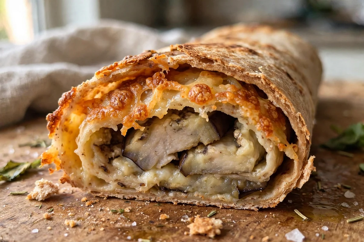 Close-up cross-section of the rolled eggplant mozzarella flatbread wrap showing crispy cheese and tender eggplant
