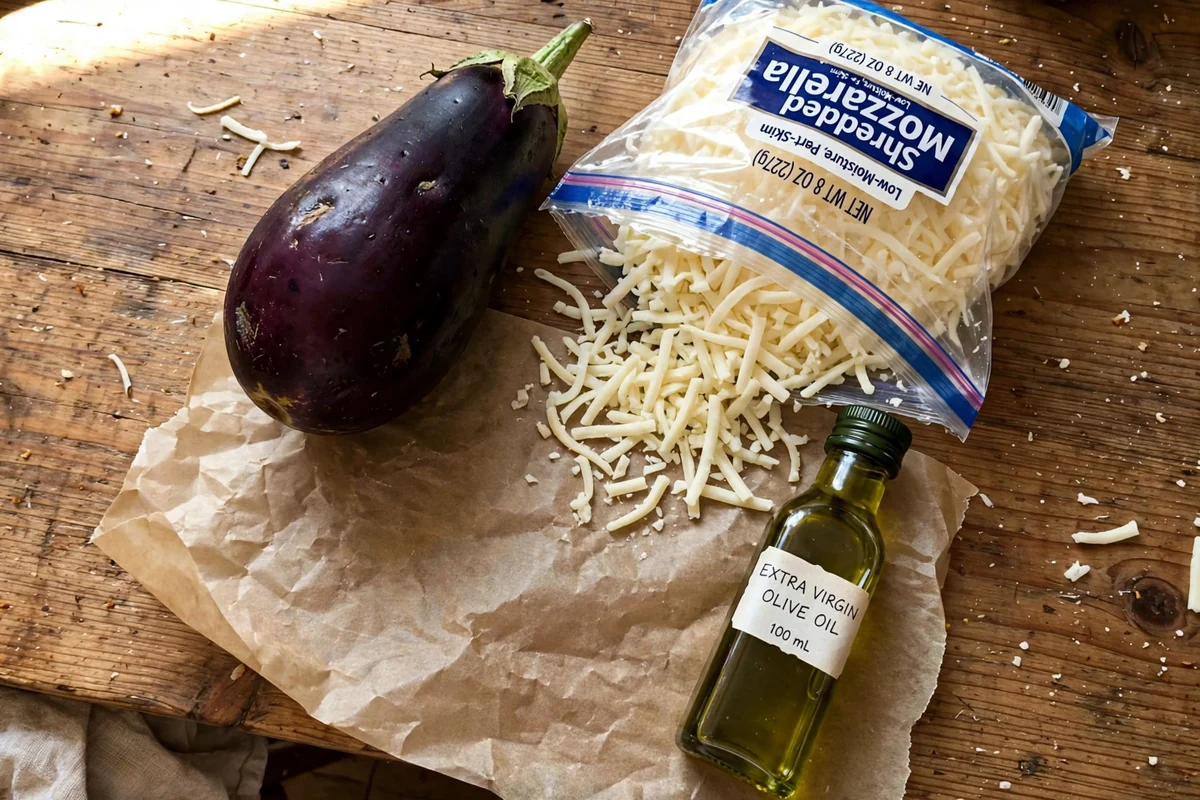 Ingredients for eggplant mozzarella flatbread: whole eggplant, shredded mozzarella bag, olive oil, and parchment paper