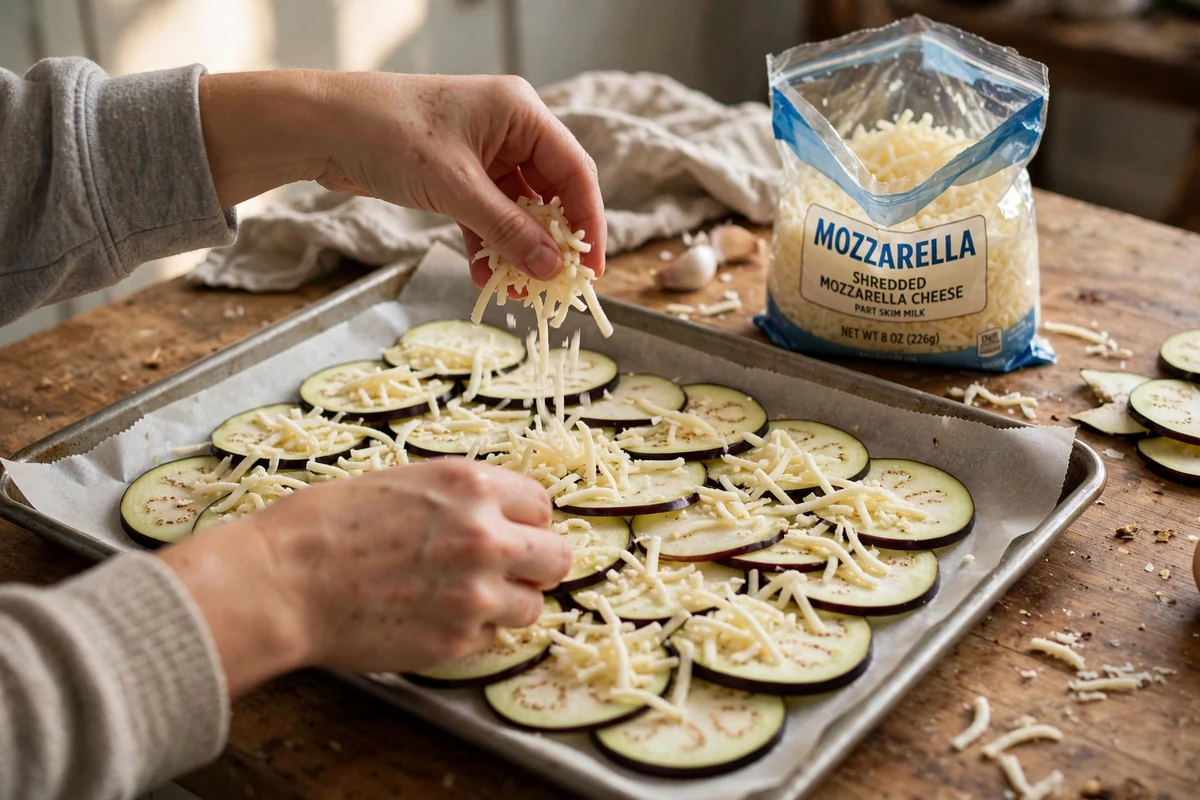 Hands arranging thin eggplant slices over shredded mozzarella on a parchment-lined baking sheet