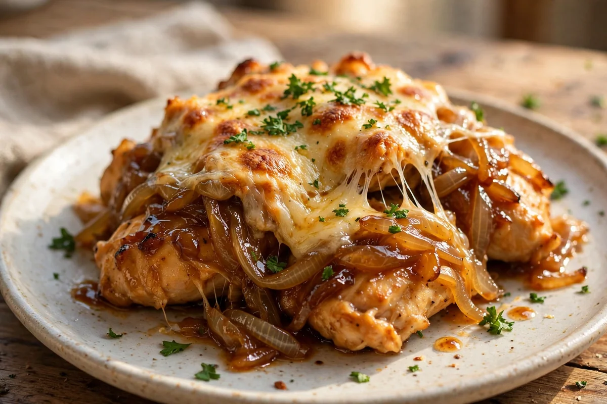 Close-up of French onion chicken bake showing melted Gruyere over caramelized onions