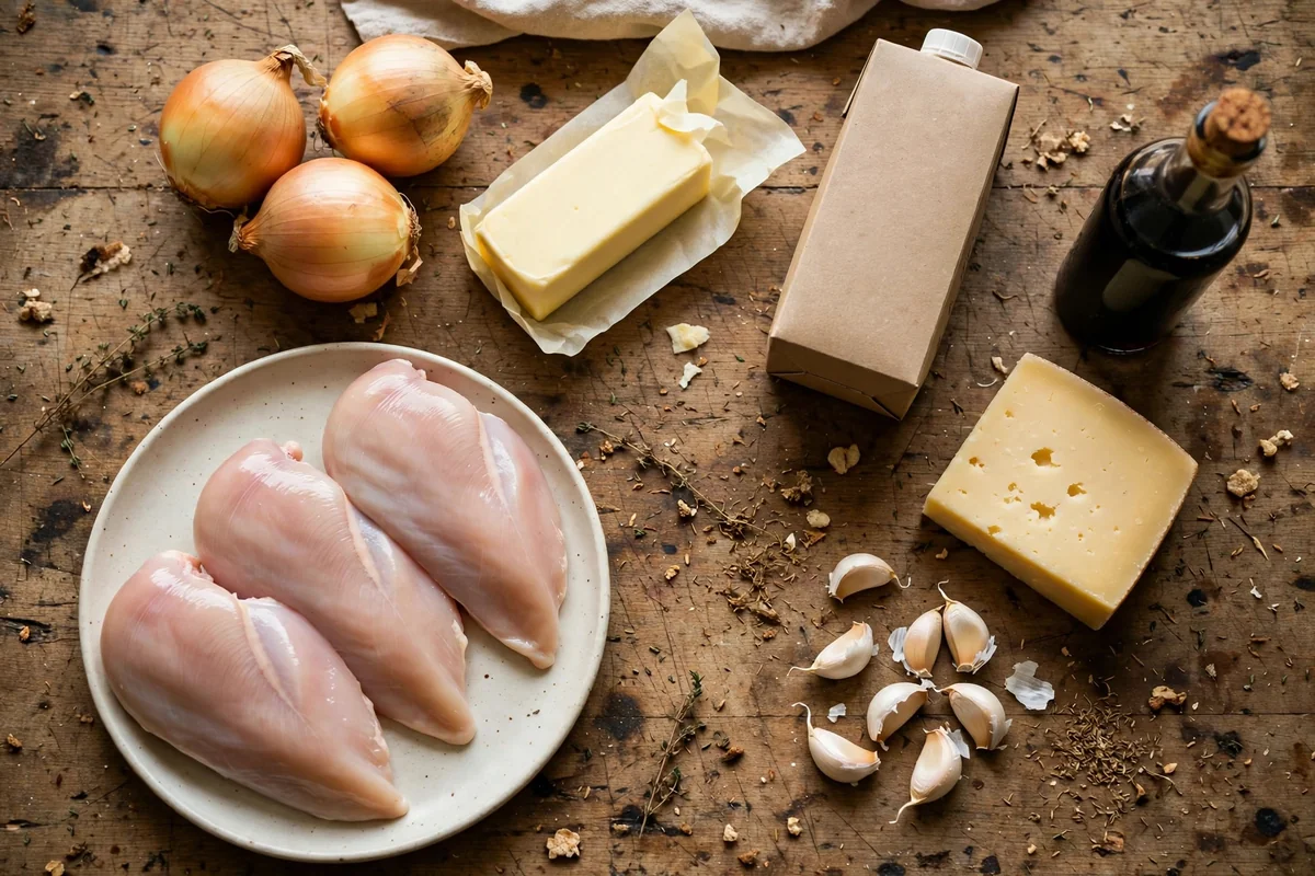 Ingredients for viral French onion chicken bake: chicken breasts, yellow onions, butter, beef broth, balsamic vinegar, and shredded Gruyere cheese