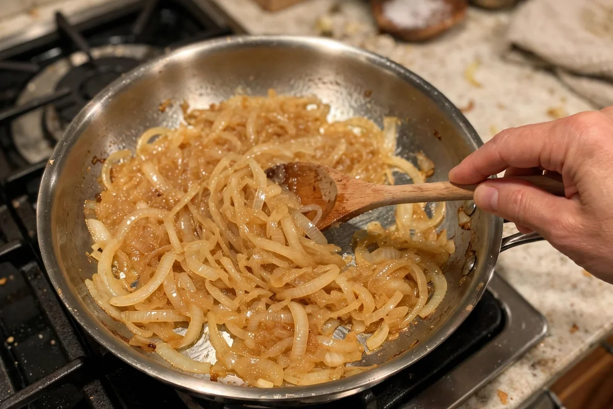 Caramelized onions being stirred into a glossy sauce in an oven-safe skillet for French onion chicken
