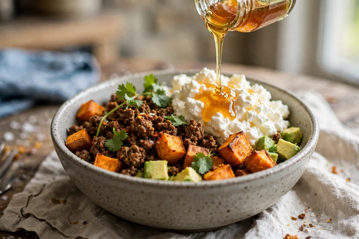 Close-up of a hot honey protein bowl with cottage cheese, taco beef, sweet potatoes, avocado, and hot honey drizzle