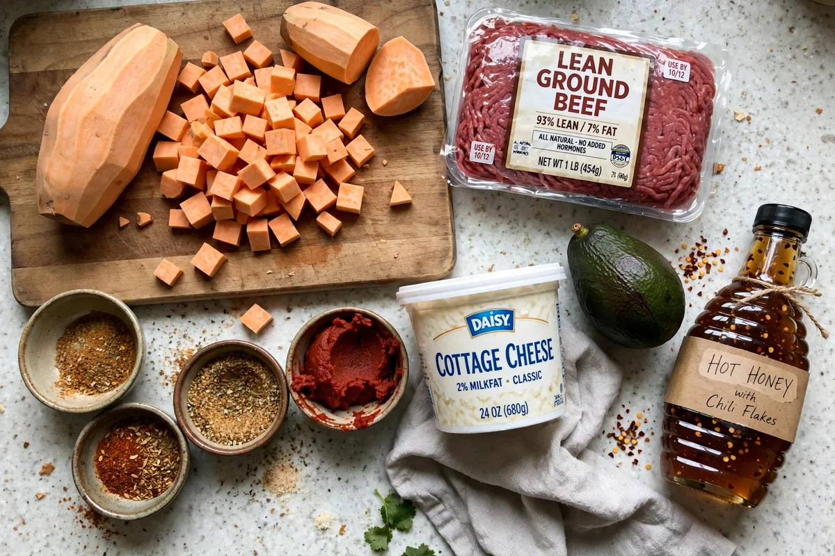 Ingredients for viral hot honey protein bowls arranged on a counter: sweet potatoes, lean ground beef, cottage cheese, avocado, hot honey