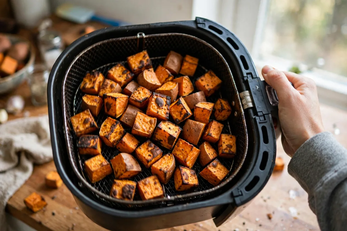 Golden crispy air-fried sweet potato cubes in the air fryer basket