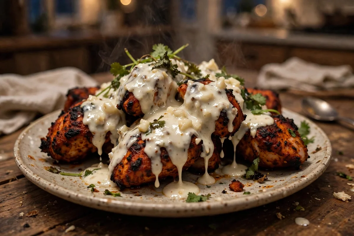 Close-up of viral Iffa chicken dripping with creamy garlic white sauce and fresh coriander