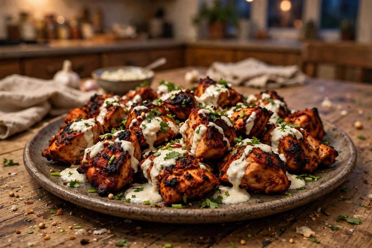 Viral Iffa chicken in the air fryer with creamy garlic white sauce drizzled over charred marinated chicken thighs