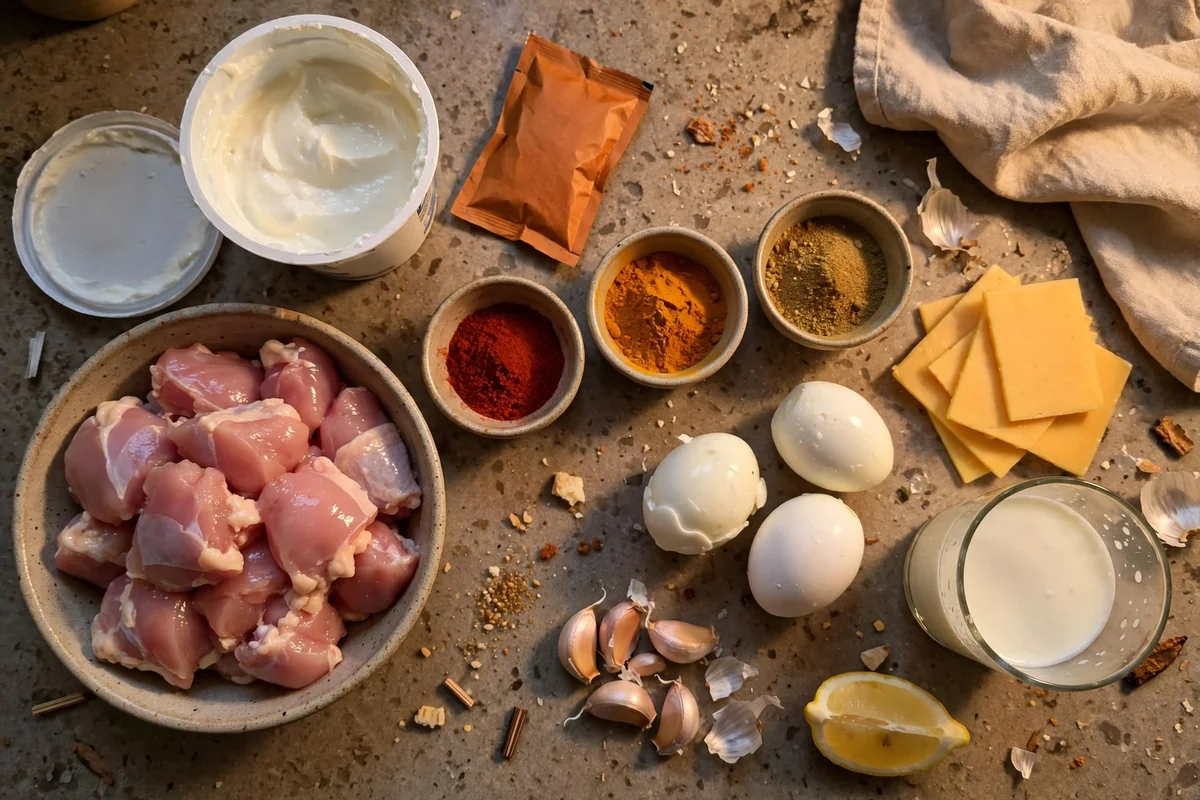 Ingredients for viral Iffa chicken laid out on a kitchen counter: raw chicken, yogurt, tandoori masala, eggs, cheese slices, milk