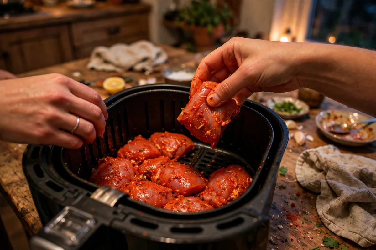 Hands placing marinated chicken pieces in a single layer into an air fryer basket