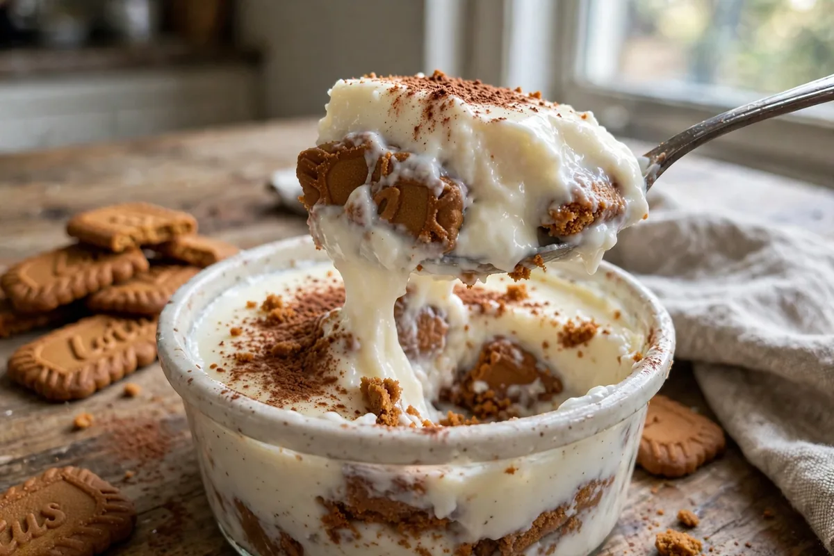 Close-up spoonful of Japanese yogurt cheesecake with softened Biscoff layers