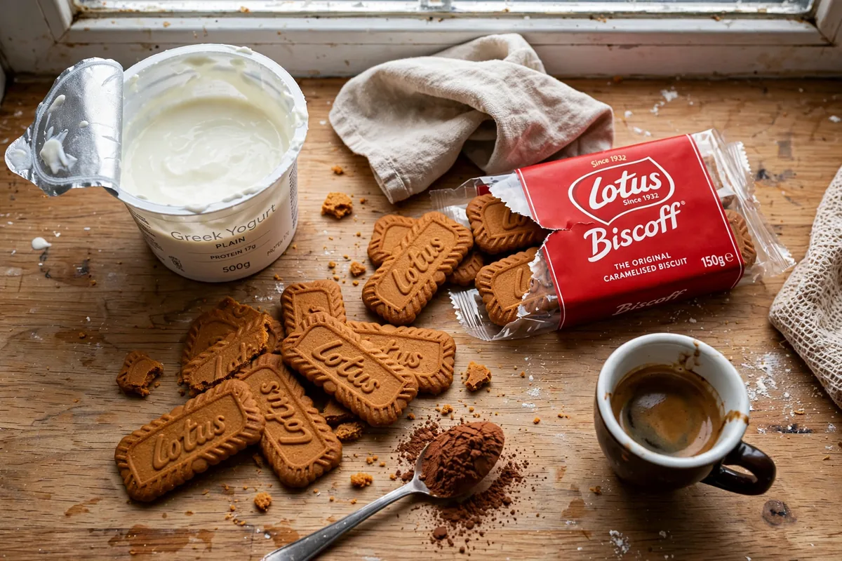 Ingredients for Japanese yogurt cheesecake: Greek yogurt, Biscoff cookies, espresso and cocoa