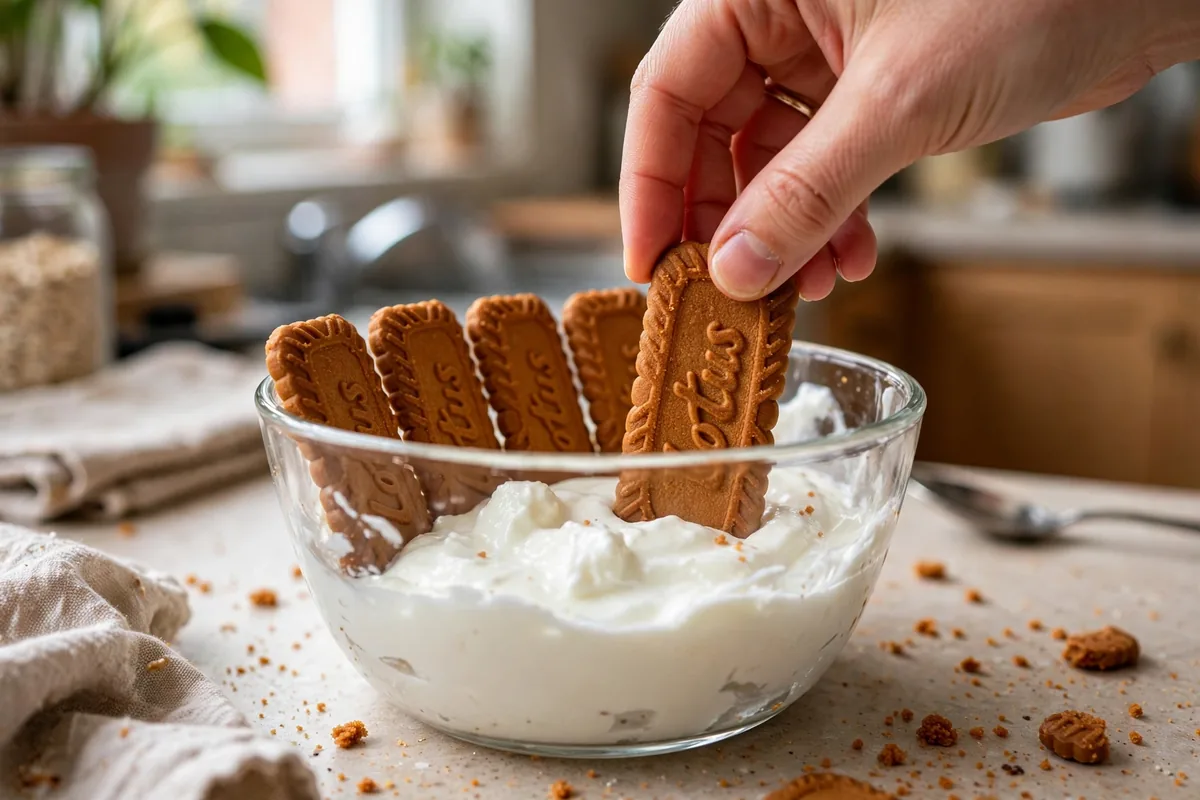 Pressing Biscoff cookies upright into thick Greek yogurt