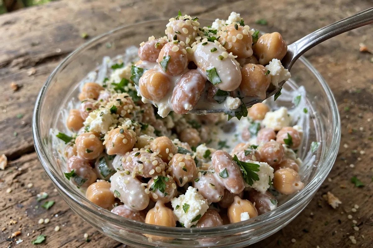 Close-up of Mediterranean dense bean salad showing glossy chickpeas, white beans, feta crumbles and hemp hearts coated in creamy dressing