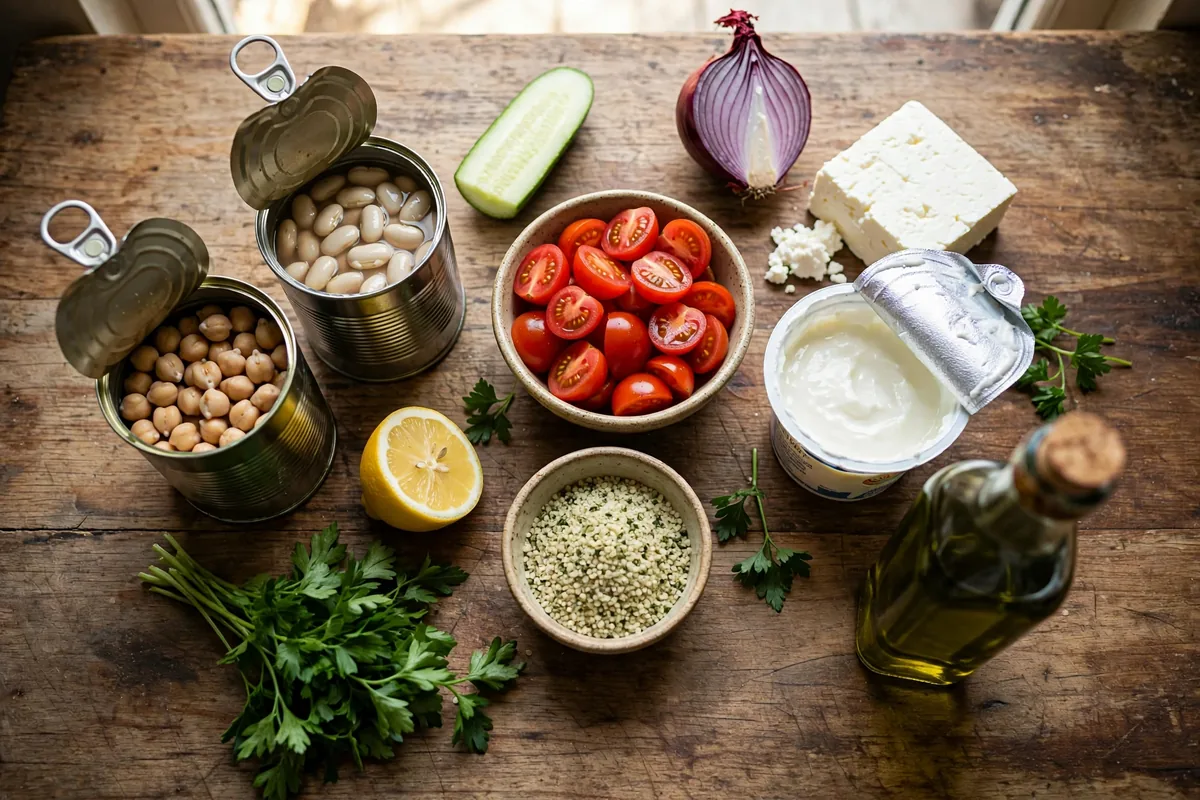 Ingredients for viral Mediterranean dense bean salad laid out on a kitchen counter: cans of chickpeas and white beans, cucumber, cherry tomatoes, red onion, feta, Greek yogurt, hemp hearts, olive oil and lemon