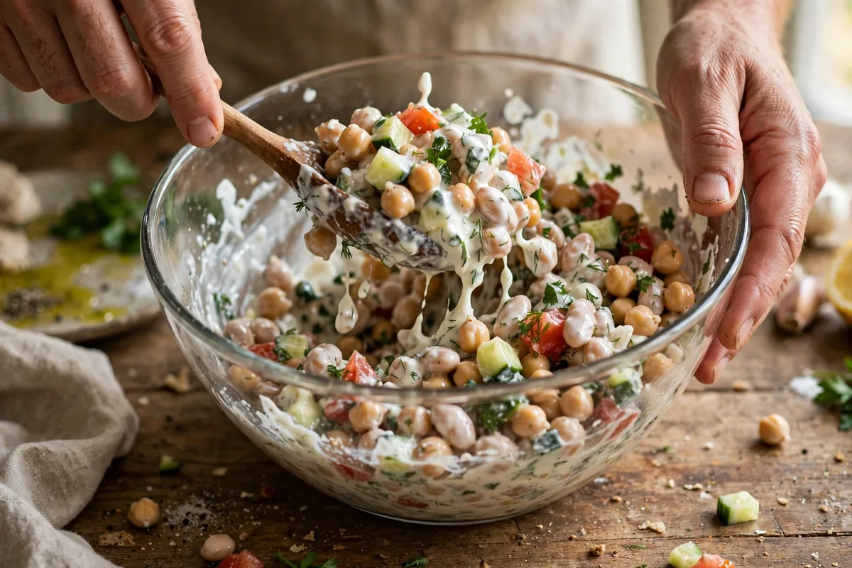 Hands tossing the dense bean salad in a large glass bowl, coating chickpeas and white beans with creamy dressing