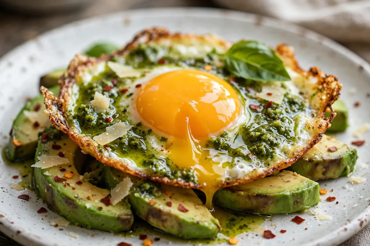 Close-up of viral pesto eggs over avocado slices with parmesan, chili flakes and fresh basil