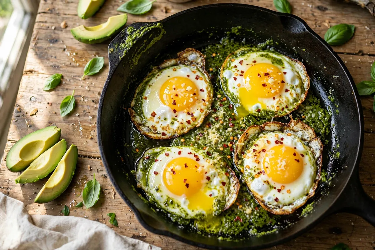 Viral pesto eggs frying in bright green basil pesto in a skillet, glossy yolks and crisped whites, served over avocado slices