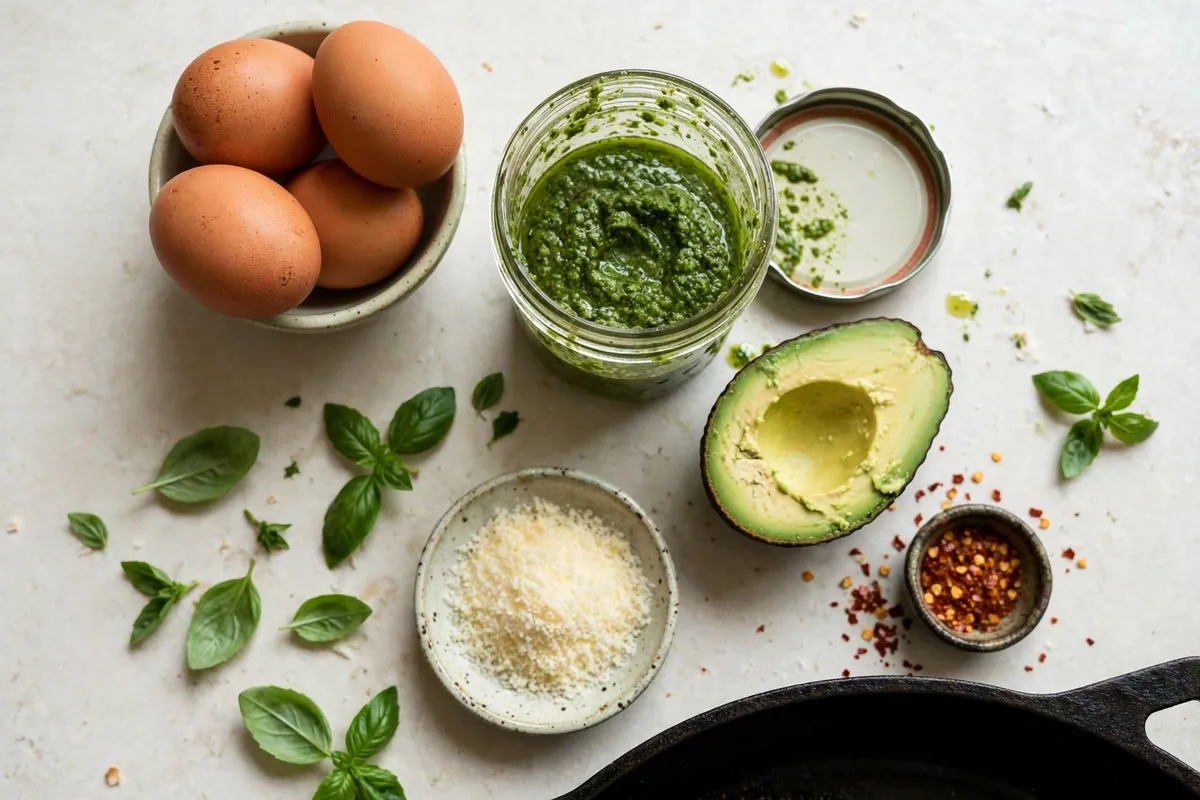 Ingredients for viral pesto eggs laid out on a kitchen counter: eggs, jar of basil pesto, avocado, parmesan, chili flakes