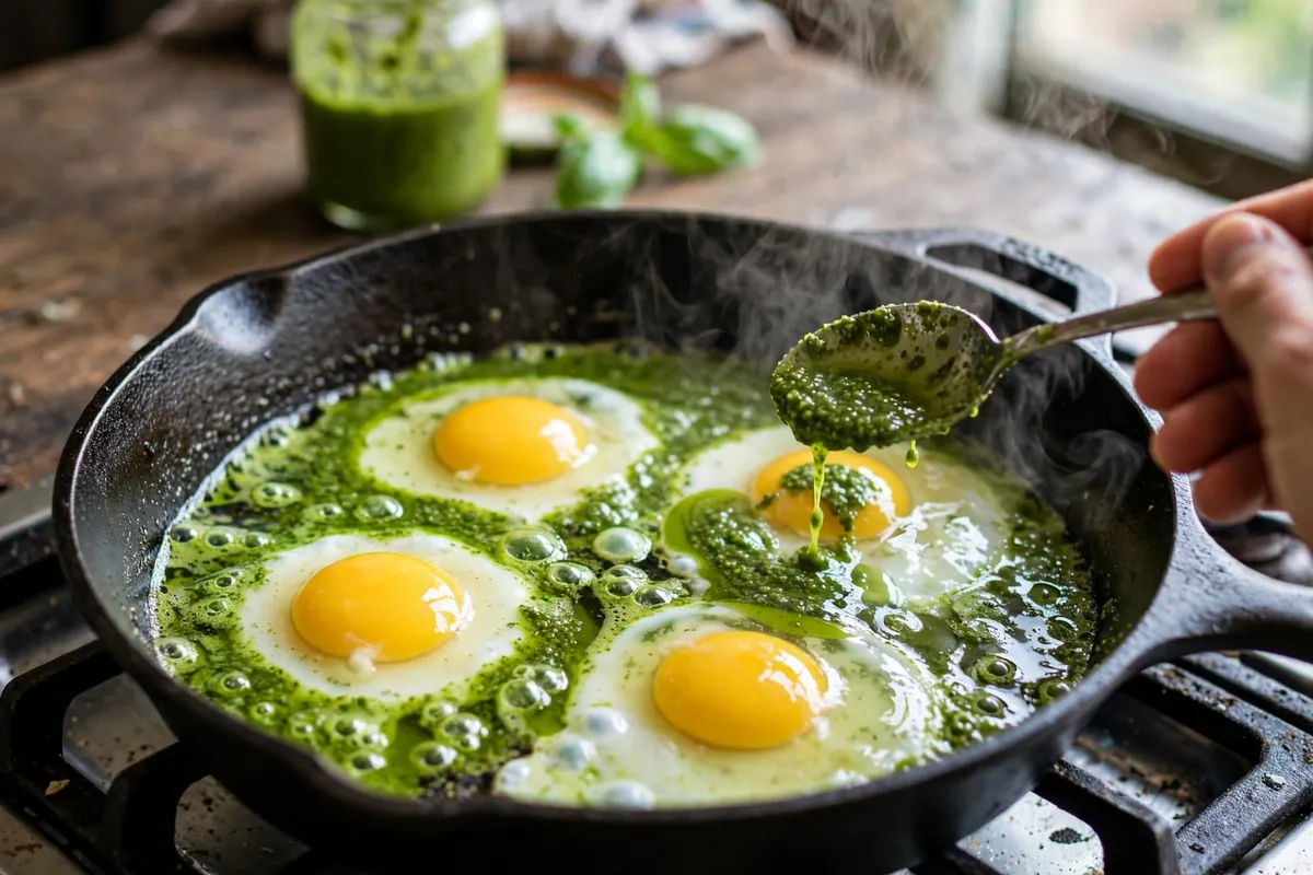 Eggs frying in pesto in a skillet with the lid on, whites set and yolks glossy