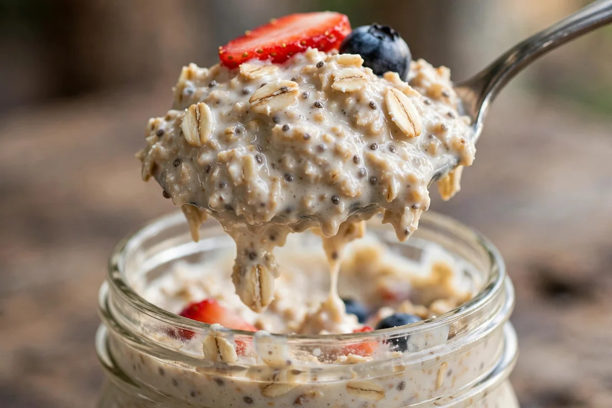 Close-up spoonful of creamy protein overnight oats