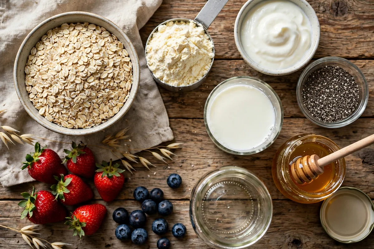 Ingredients for viral protein overnight oats laid out on a rustic table