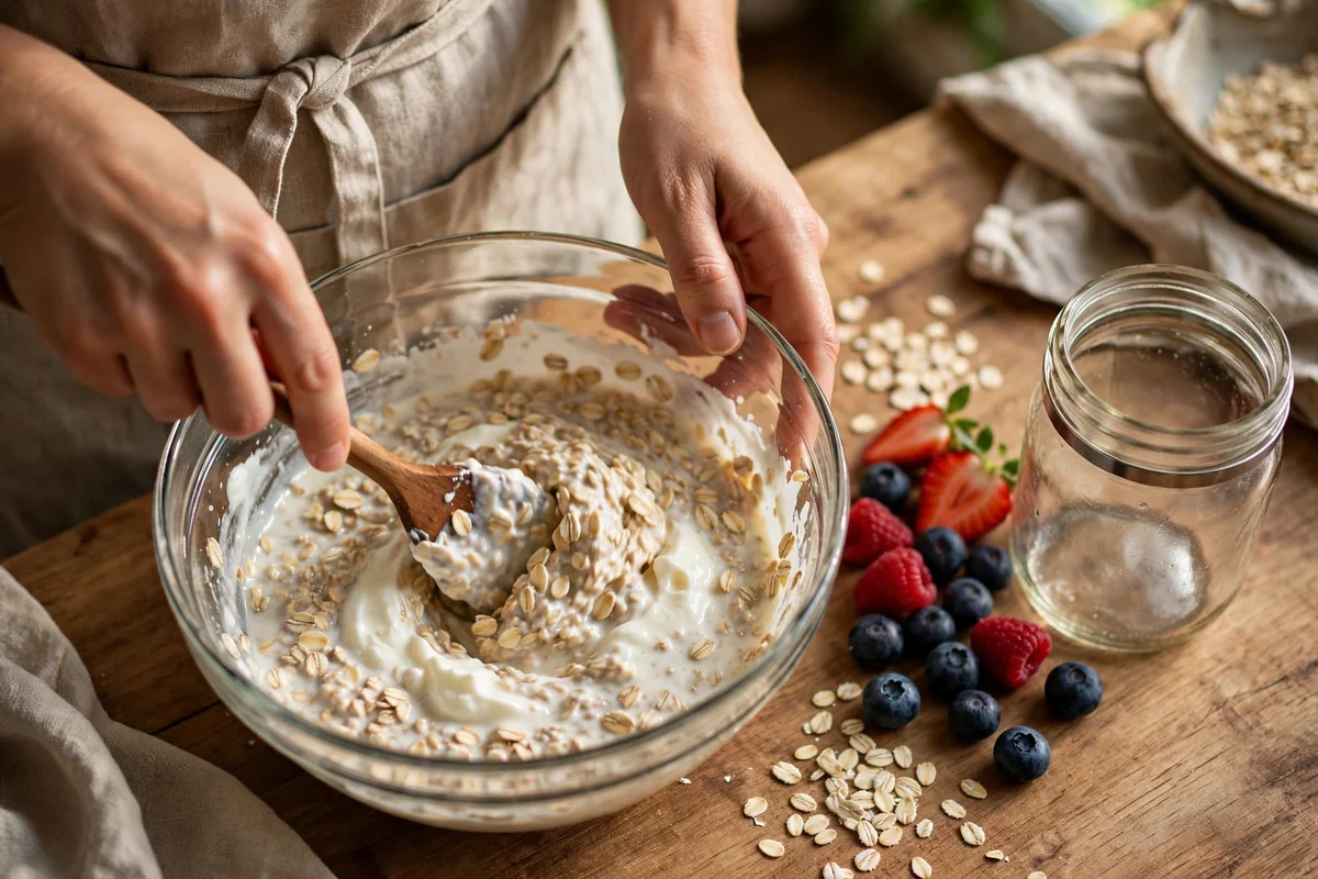Stirring the overnight oats mixture in a bowl